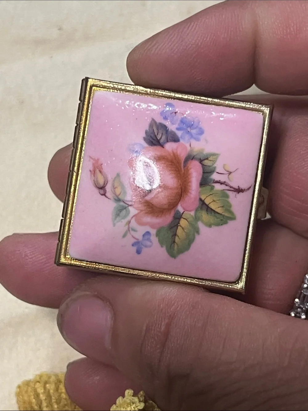 Antique Pink Floral Porcelain Vanity Trinket Box with Gold Base